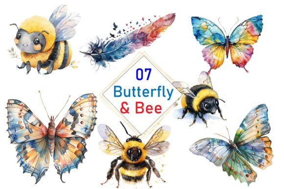 Download Watercolor Butterflies &amp; Bees Clipart Se - Watercolor butterflies Collection